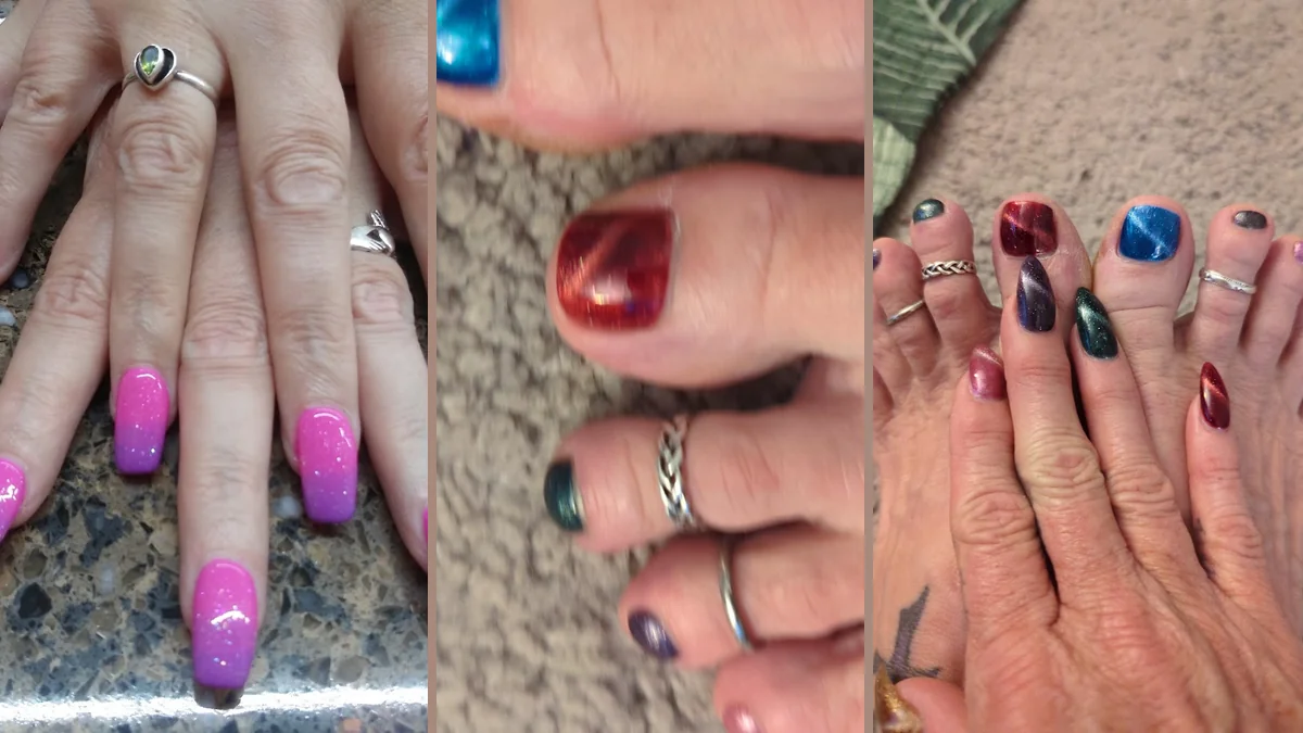 Nail polish bottles lined up on salon shelves.